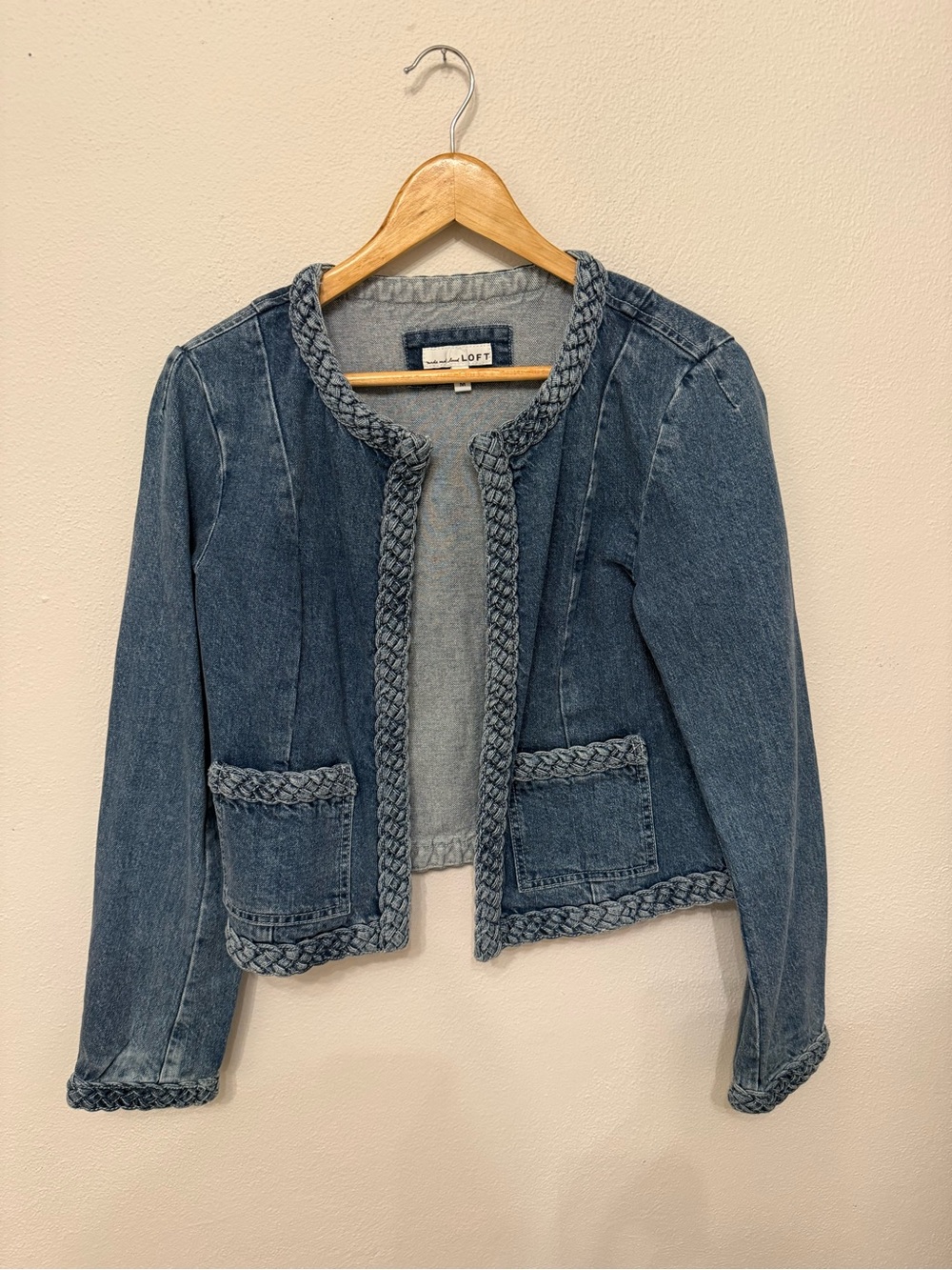LOFT Braided-Trim Denim Jacket in Medium Blue